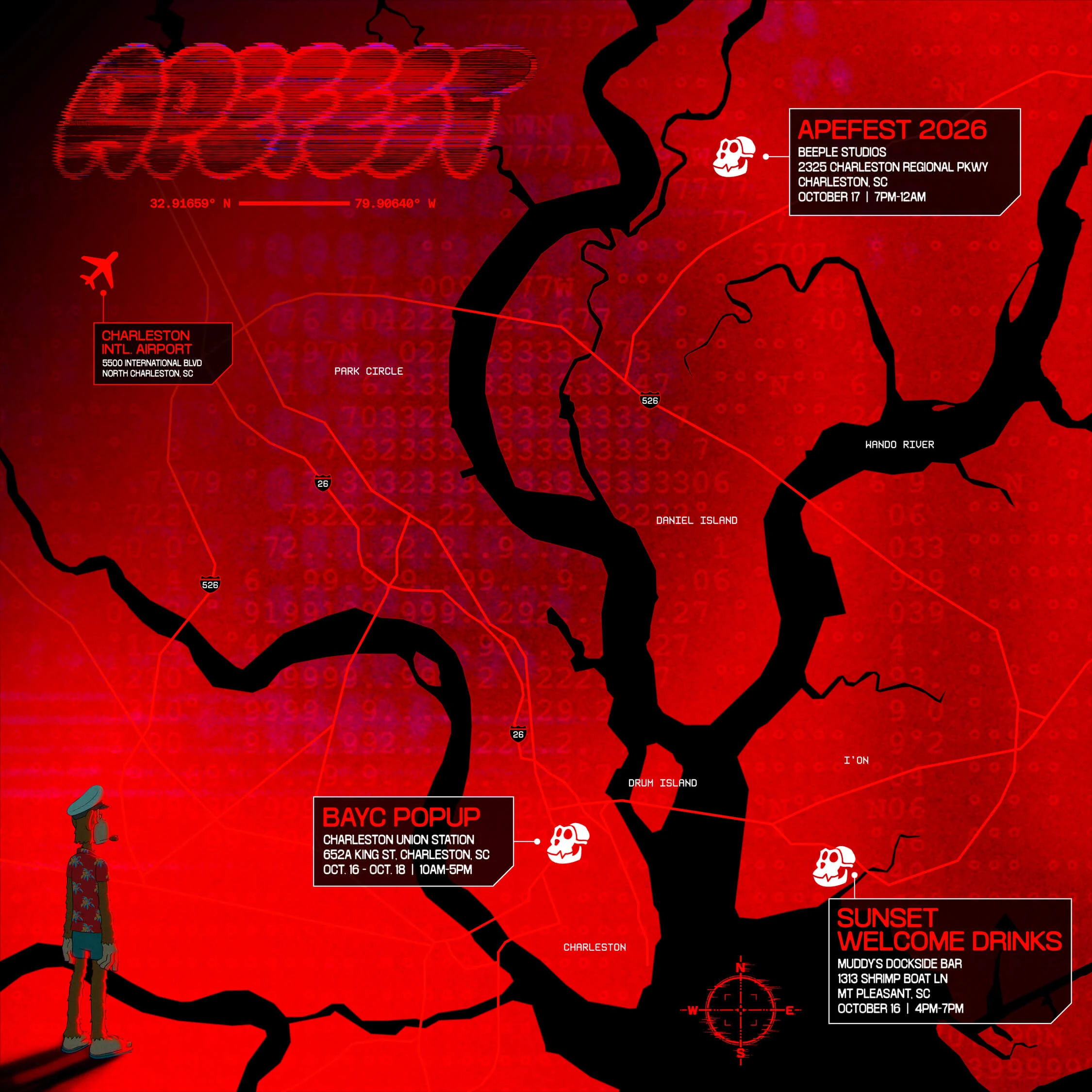 Map of Charleston showing Beeple Studios on Daniel Island, Charleston International Airport, the BAYC pop-up at Charleston Union Station, and Sunset Welcome Drinks at Muddy’s Dockside Bar.